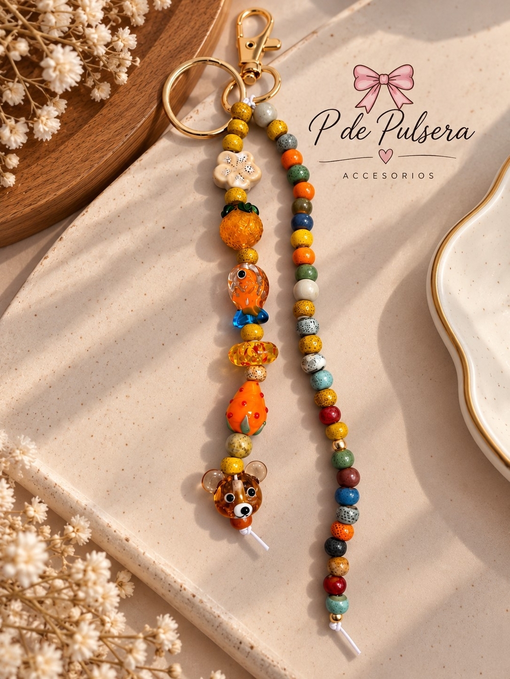 Multicolor Beaded Key & Card Holder with Orange Bear Charm